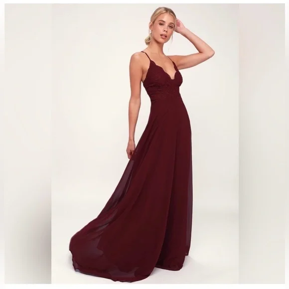 NWT Lulus Madalyn Burgundy Lace Maxi Dress Size L Formal Wedding Guest - Picture 3 of 9